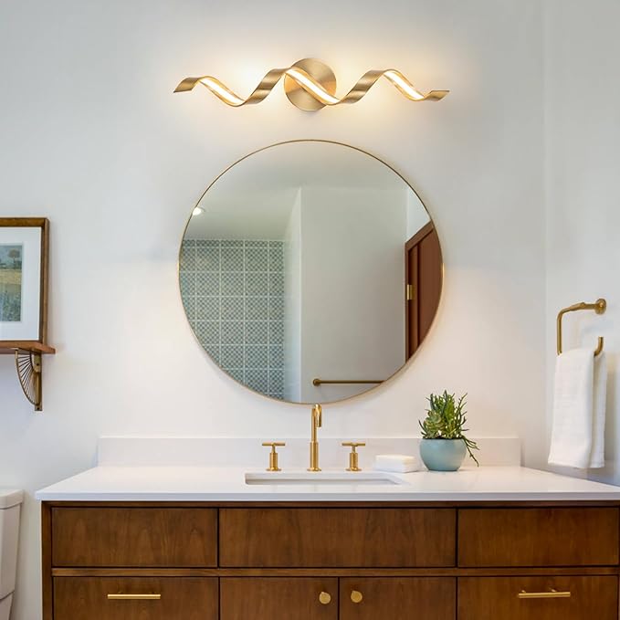 Dimmable Gold Bathroom Light Fixtures, 24 inch Spiral Design Modern LED Bathroom Vanity Lights Over Mirror, 15W Wall Light Fixtures for Living Room 3000K Warm Light