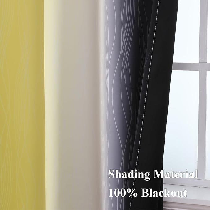 Estelar Textiler Black and Yellow Blackout Curtains 54 Inches Long, Full Light Blocking Gradient Grommet Drapes for Kitchen, Thermal Insulated Ombre Curtains for Bedroom, 52Wx54L, 2 Panels
