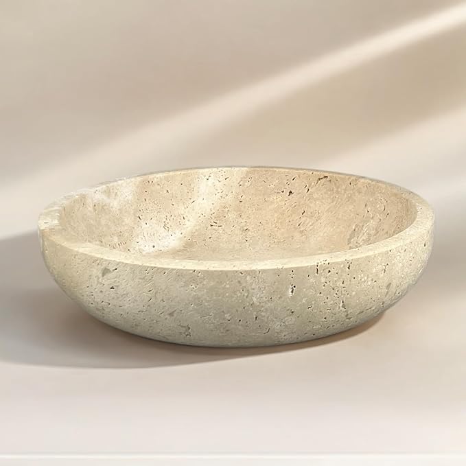 Travertine Decorative Bowls for Home Decor, Marble Fruit Bowl for Kitchen Counter, Keys Bowl for Entryway Table, Large Candy Serving Bowl for Table Centerpiece Office Modern Home Decor (Beige)