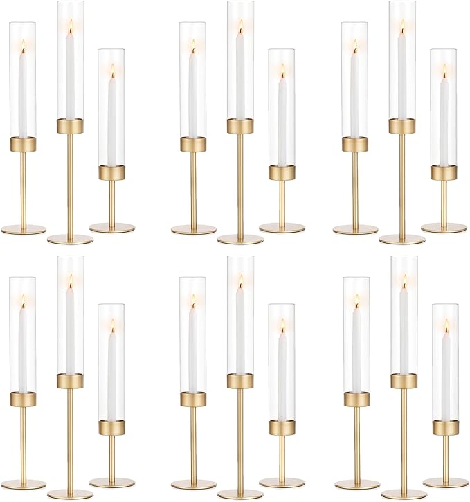 Glass Hurricane Candlestick Holders Gold - Romadedi 18 PCS Taper Candle Holder Bulk Tall Clear Glass Cylinder Table Centerpiece Wedding Decor Party Birthday Christmas Home Decorations