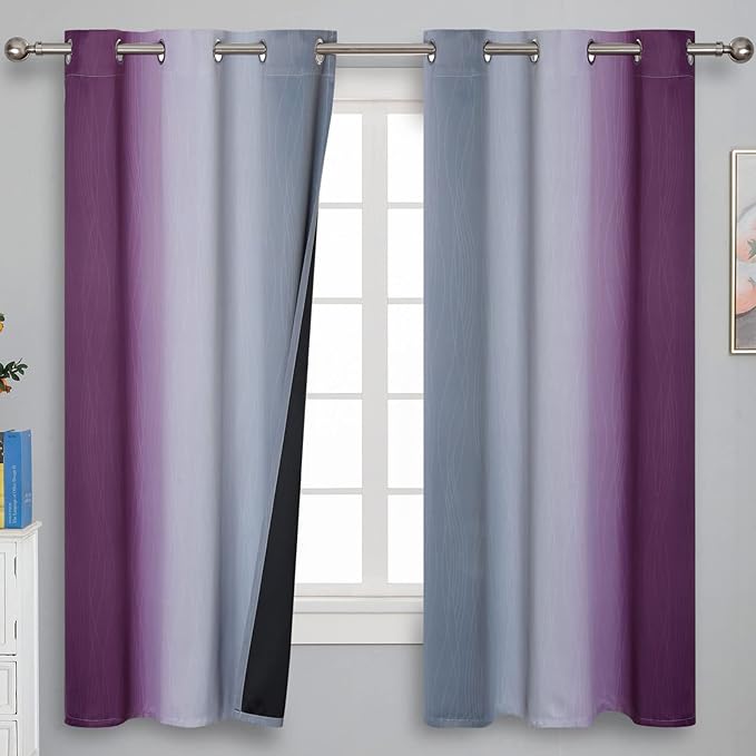 Ombre Purple and Gray Blackout Curtains 63 Inch Length 2 panels, Full Room Darkening Grommet Thermal Insulated Gradient Drapes for Girls Room, Full Light Blocking Curtains for Bedroom, 42x63 Inch