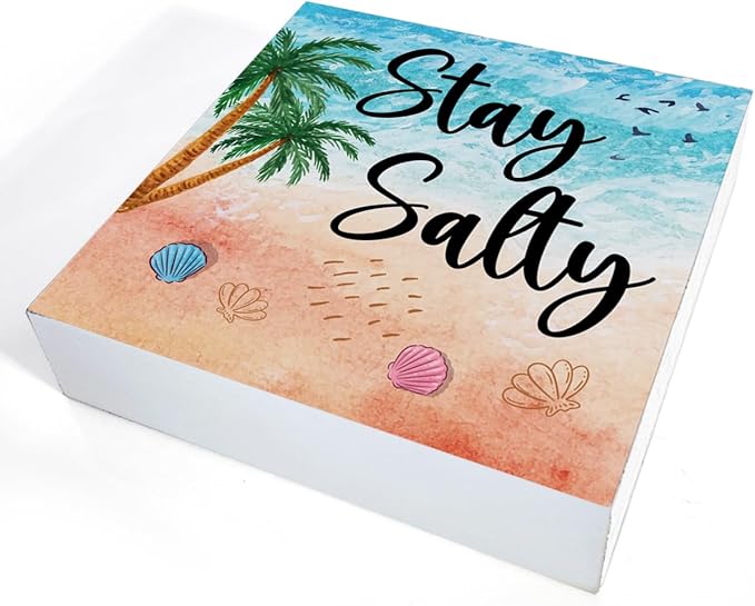 Summer Decor Stay Salty Wood Block Sign Home Beach House Desk Table Shelf Decoration