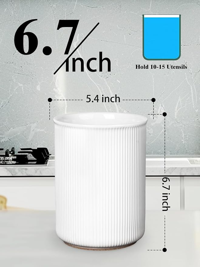 LoeJan Utensil Holder, Extra Large Utensil Crock, Stable Ceramic Utensil Organizer, Cooking Tool Organizer Set for Kitchen Counter Farmhouse Decor (E-6.7" White)
