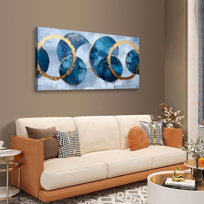 Abstract Pictures Canvas Wall Art for Living room Office Bedroom Wall Decor, Ring Wall Art Print Paintings Modern Blue Golden Abstraction Artwork Waterproof Ready to Hang-20x40inch