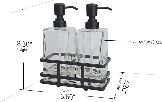 Square Glass Clear Lotion and Soap Pump Dispenser Set with Metal Stand Caddy for Bathroom Bath Kitchen Home Office Travel Hotel Hand Crafted Heavy Weight Matte Black