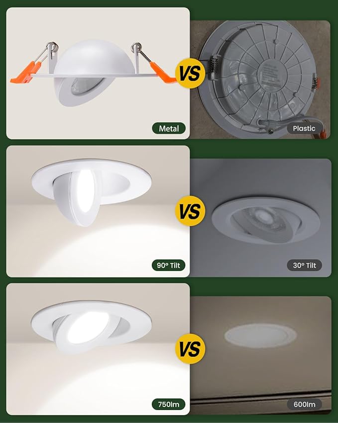ZYC Gimbal LED Recessed Lighting - 3 Inch 5CCT 7W 360° Rotation Adjustable Eyeball Light,LED Swivel Spotlight,Directional Sloped Ceiling Light,Dimmable Canless Wafer Downlight Pack of 6 White.
