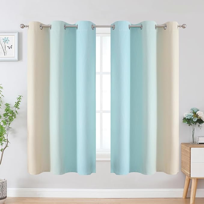 Estelar Textiler Aqua and Beige Blackout Curtains & Drapes for Bedroom, Thermal Insulated Ombre Blackout Drapes, Room Darkening Energy Saving Curtains for Living Room, 42Wx63L, 2 Panels