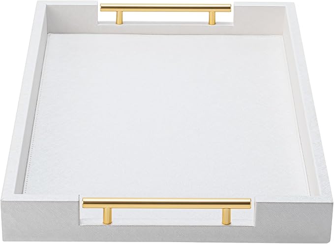 White Leather Decotative Coffee Table Tray,Modern Large Ottoman Tray Rectangle Serving Tray with Handles for Living Room Party