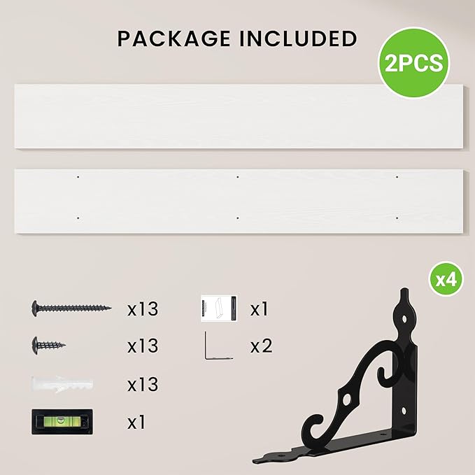 RICHFOCUS Floating Shelves for Wall Decor, 55.1W x 8D Wall Shelves Set of 2, 8 Inch Deep Rustic Wood Shelves Wall Mounted with Brackets, Long Floating Shelves for Living Room Bedroom Kitchen, White