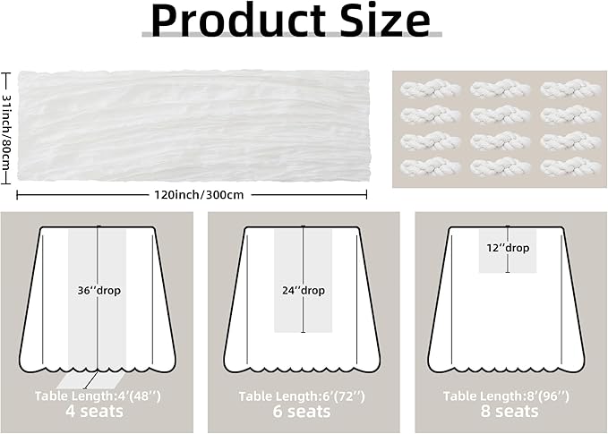 FEXIA 12 Pack Ivory White Table Runner 35x120 Inches for Baby Shower Decoration Gauze Rustic Table Runner for Wedding Party First Communion Centerpiece Engagement Bridal Shower Boho Decoration