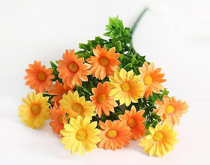 Artificial Fake Flowers Plants for Outdoor Decoration, Faux Flower Yellow Orange Daisy with Eucalyptus Leaves for Planter Front Door Porch Patio Balcony Decoration, 10 Bundles