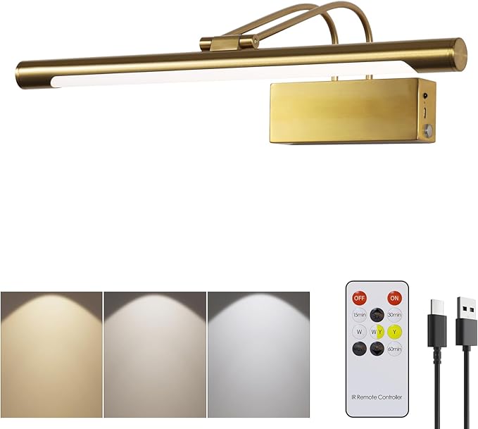 Picture Lights for Wall,16.14 inch Art Lighting for Paintings Wireless,5000mAh Gallery Lights for Rechargeable,3CCT Dimmable & Timer Cordless Frame Light for Paintings,Canvas,Portrait,Gold