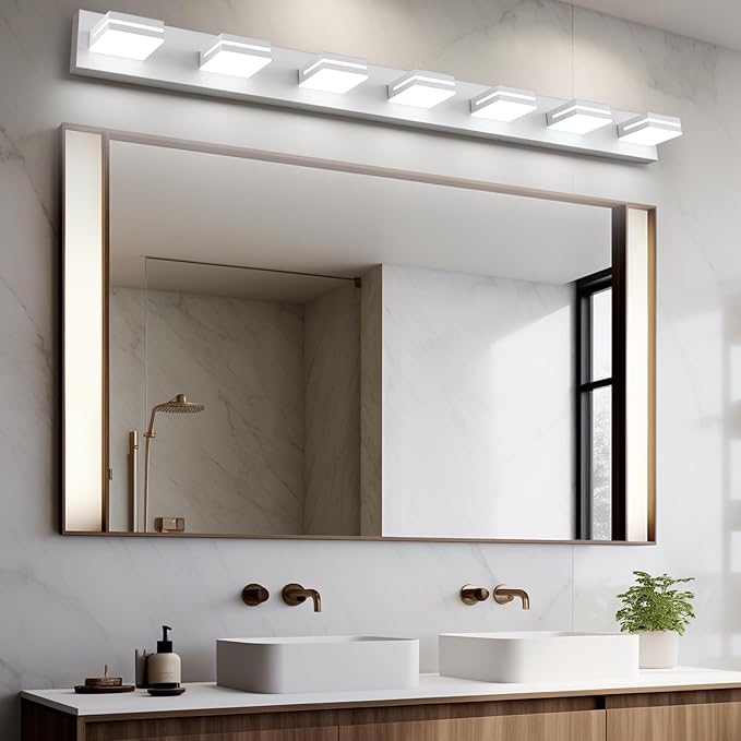 SineRise LED Modern Bathroom Vanity Light Fixtures (7-Light, 55-Inch), Matte White Modern Acrylic Bathroom Wall Lighting Fixtures Over Mirror (Cool White 6000K)