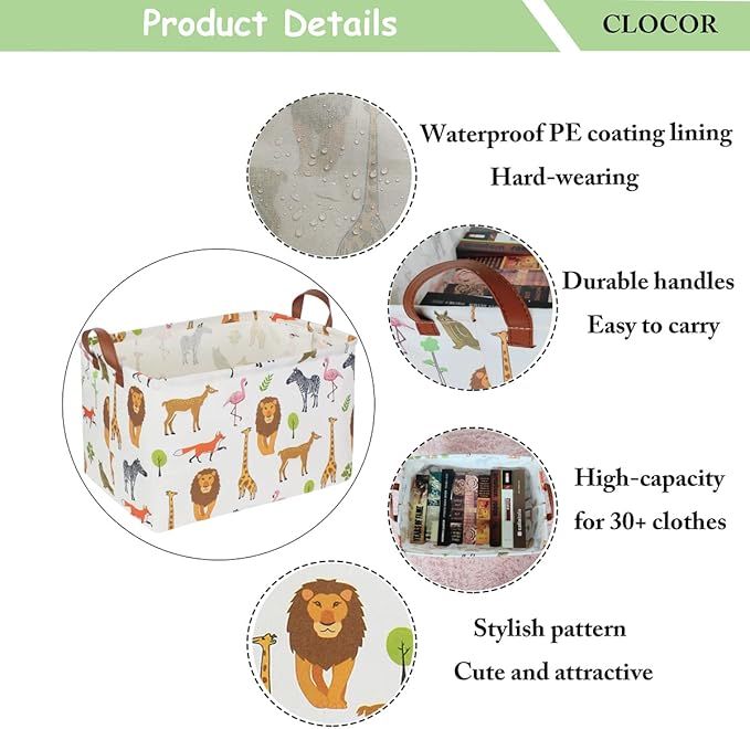 CLOCOR Rectangular Storage Basket,Collapsible Woodland Jungle Forest Printed Storage Bin,Rectangular Waterproof Gift Box with Handles,Playroom Decor(Jungle Animals)
