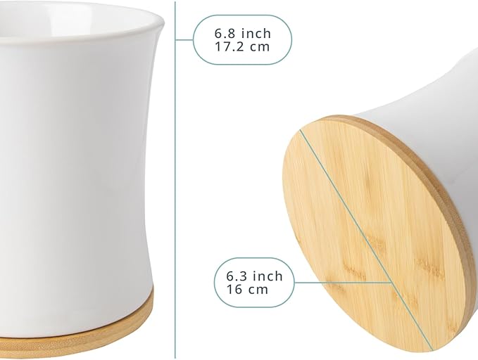 Comfify Large Ceramic Kitchen Utensil Holder with Bamboo Base - Modern Utensil Crock for Countertop Organization - Kitchen Counter Organizer for Cooking Tools, Spatulas, Spoons & More - White Ceramic