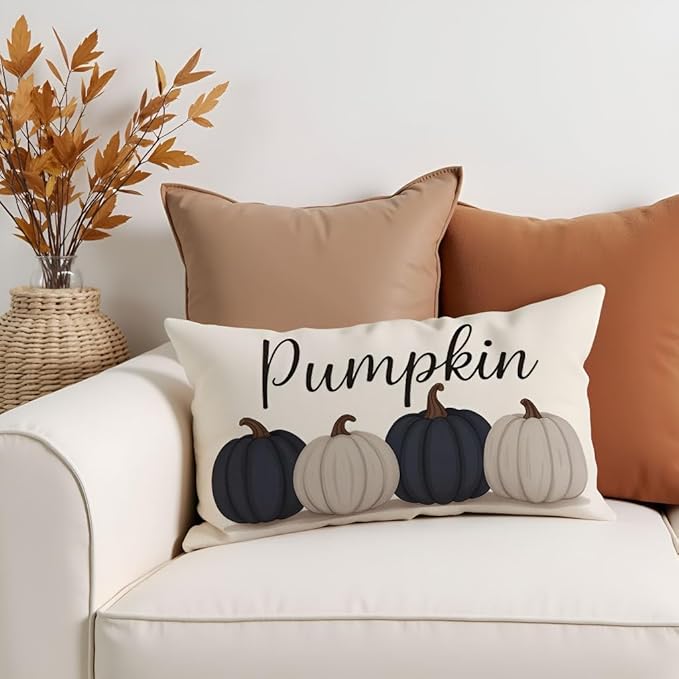 PANDICORN Fall Throw Pillow Covers 12x20 Inch, Navy Blue Pumpkin Lumbar Decorative Cushion Case, Fall Decorations for Home Decor Outdoor Farmhouse Autumn Pillowcase for Living Room Sofa Couch Porch