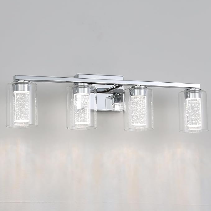 4 Light Chrome Bathroom Light Fixture, Dimmable 5CCT Chromes Bathroom Vanity Lights, 2700K-6500K Modern Crystal Bubble LED Wall Sconce Over Mirror with Clear Glass for Bedroom, Living Room
