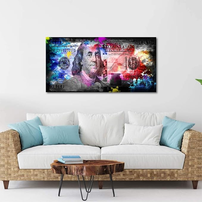 Colorful 100 Dollars Bill Wall Art Canvas Panintings Inspirational Wall Art Money Pop Art Entrepreneur Motivational 100 Bill Cash Benjamin Franklin Dollar Office Home Decor Wooden Framed-48"Wx24"H