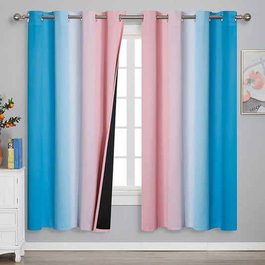 Estelar Textiler Ombre Pink and Blue Blackout Curtains 72 Inch Length 2 Panels, Full Light Blocking Curtains for Bedroom, Grommet Thermal Insulated Gradient Drapes for Living Room, 52x72 Inch