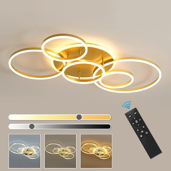 Modern LED Ceiling Light 106W Dimmable LED Acrylic Ceiling Lamp with Remote Control 6 Rings Flush Mount Ceiling Light Gold Ceiling Chandelier for Living Room Dining Room Bedroom Kitchen (5+1G01)