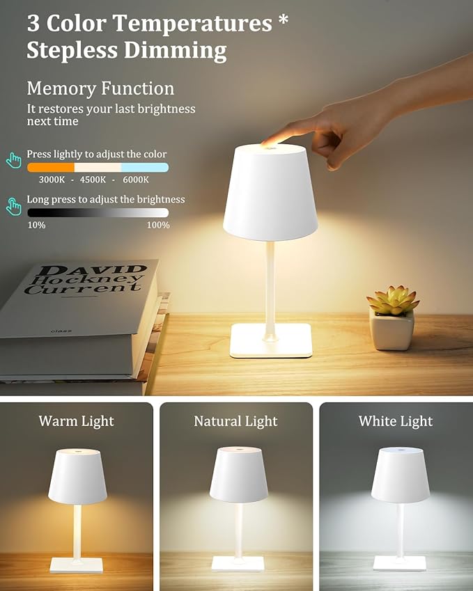 Cordless Table Lamp Rechargeable Lamps: 6000mAh Battery Operated Table Lamp Outdoor Waterproof, Touch Control, Portable Wireless Desk Lamp for Dinner/Bedroom/Restaurant ๏ผWhite2 Pack