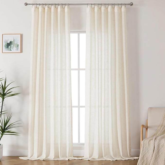 102 Inch Long Curtains Sheer Linen Faux, Natural Light Filtering 2 Panels Set, Neutral Cream Beige Farmhouse Drapes for Living Room, DIY Pinch Pleat Sliding Glass Door Curtain