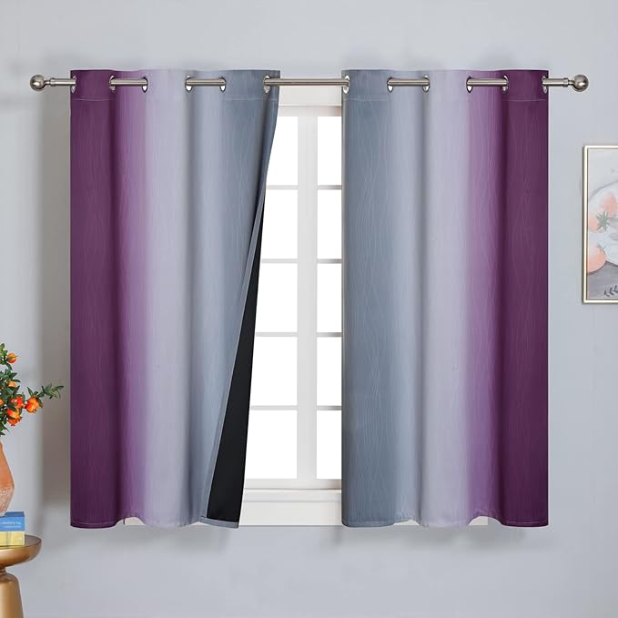 Purple and Grey Blackout Curtains 45 Inches Long,Ombre and Wavy Line Pattern 100% Blackout Curtains for Bedroom,Full Light Blocking Grommet Thermal Insulated Drapes for Kids Room, 42x45 Inch, 2 Panels