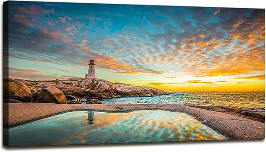 YYYYHPP YP1862 Canvas Prints Wall Art Peggy's Cove Lighthouse Sunset Ocean View Landscape Nature Pictures Stretched Canvas Wooden Framed for Living Room Bedroom and Office Wall Decor