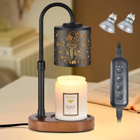 Dimmable Candle Warmer Lamp with Timer Adjustable Height for Scented Jar Candles Electric Candle Wax Melt Warmer for Home Decor Christmas Birthday Gifts for Women Mom(Mushrooms+Bees)