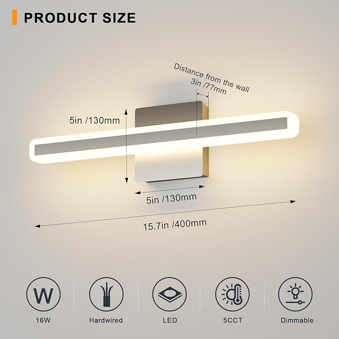 Modern Vanity Light 15.7 inch 16W Dimmable 5CCT Led Bathroom Light Fixture Over Mirror, Brushed Nickel Vanity Light for Bathroom Mirror Cabinets-ETL Certificated