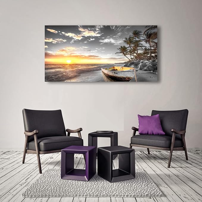 Beach Wall Art Canvas Prints Art Black and White Sunset Seascape Pictures Bedroom Decor Boat Tree Ocean Landscape Painting for Living Room Office Decoration Natural Scenery Artwork 20x40inches
