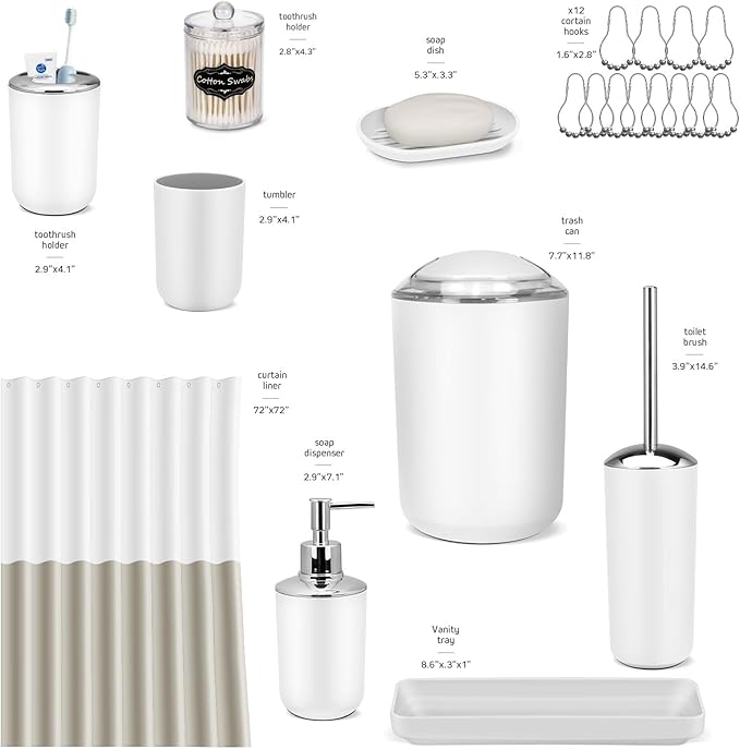 IMAVO Bathroom Accessories Set,White Bathroom Set,9 Pieces Bathroom Accessory Set with Shower Curtain,Qtip Holders,Toilet Brush,Trash Can for Bathroom Décor and Home Gifts