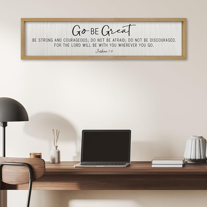 ZZJJHYWGQ Bible Verse Wall Decor Joshua 1:9 Sign 32"×8" Scripture Go Be Great Inspirational Quotes Rustic Christian Plaque Wood Framed Faith Farmhouse Catholic Living Room Wall Art Hanging (Wood)
