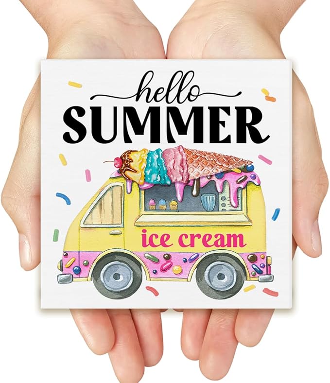 Hello Summer Decor Ice Cream Wood Block Sign Summer Decorations for Home Kitchen 5 x 5 Inches