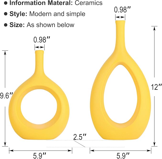 Yellow Ceramic Hollow Elliptical Vase Set of 2 - Boho Circle Vase with Hole, for Modern Yellow Table Decor, Living Room Decor Shelf mid Century Modern Home Entrance Decorative vase