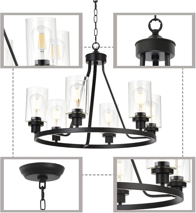 MELUCEE 6-Light Chandeliers for Dining Room, Farmhouse Lighting Black Light Fixtures Ceiling Hanging Industrial Pendant Light for Kitchen Island Bedroom Living Room