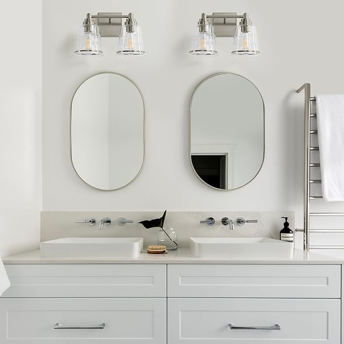 Brushed Nickel Bathroom Vanity Light Fixture, 2 Light Bathroom Light Fixtures Over Mirror with Clear lampshade and Metal Base Sconce,13.4 Inch Modern Vanity Light for Bathroom(Exclude E26 Bulb)
