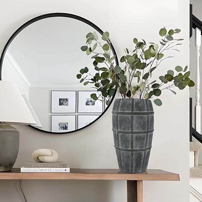 Briful Rustic Terracotta Flower Vase for Home Decor 12" Blue Farmhouse Textured Barrel-Style Ceramic Vase Vintage Handcrafted Gridded Design for Faux & Dried Flowers Living Room Table Centerpiece