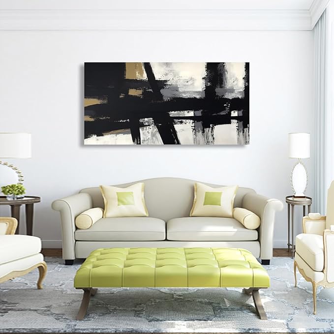 Black and White Abstract Pictures Canvas Wall Art for Living room Office Bedroom Wall Decor,Abstract Wall Art Print Paintings Modern Black Yellow Artwork Waterproof Ready to Hang-20x40inch