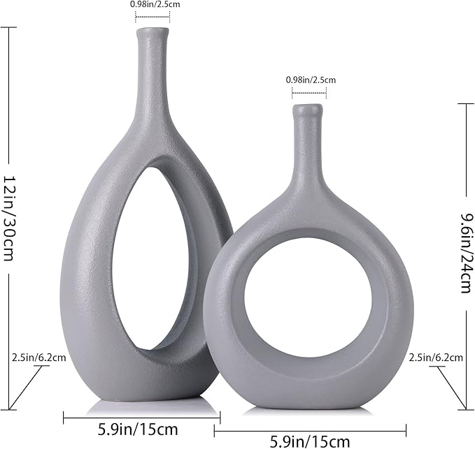 Gray Ceramic Hollow Elliptical Vase Set of 2 - Boho Circle Vase with Hole, for Modern Grey Table Decor, Living Room Decor Shelf mid Century Modern Home Entrance Decorative vase