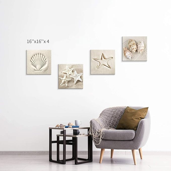 Coastal Serene Canvas Wall Art: Shells on Beach Sand Giclee Print Painting for Wall Decor for SPA Room (16''x16''x4pcs)