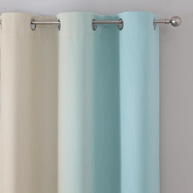 Estelar Textiler Beige and Aqua Ombre Blackout Curtains 54 Inch Length 2 Panels, Full Room Darkening Gradient Drapes for Kitchen, Thermal Insulated Grommet Short Curtains for Bedroom, 42Wx54L