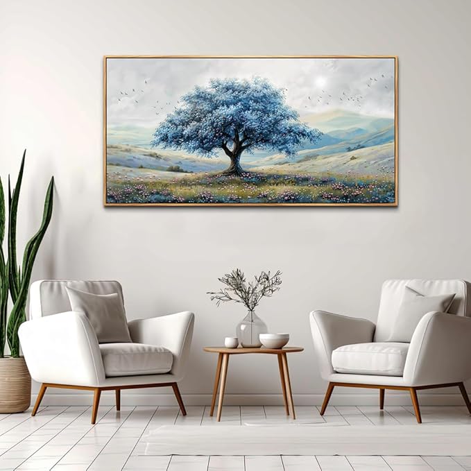 ZUITINGHUA Wood Framed Canvas Wall Art For Living Room Large Wall Decor For Office Bedroom Decorations Blue Tree Landscape Pictures Farmhouse Paintings Artwork Wall Mural Modern Home Decor 30x60 In
