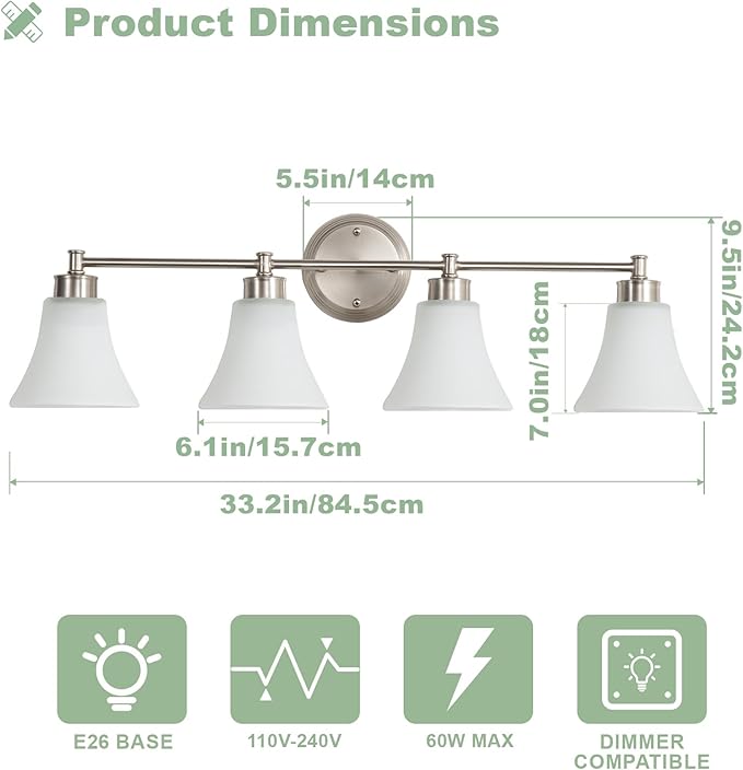 LOUSACE 4 Light Bathroom Vanity Light Brushed Nickel Bathroom Lighting Fixtures Over Mirror with Opal White Frosted Glass, Vintage Traditional Wall Lighting Fixture Satin Nickel Vanity Lights