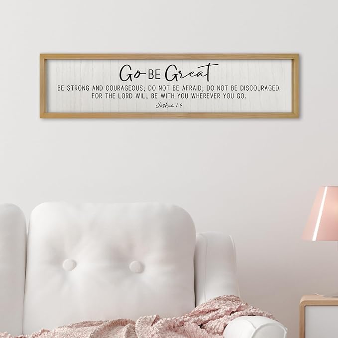 ZZJJHYWGQ Bible Verse Wall Decor Joshua 1:9 Sign 32"×8" Scripture Go Be Great Inspirational Quotes Rustic Christian Plaque Wood Framed Faith Farmhouse Catholic Living Room Wall Art Hanging (Wood)