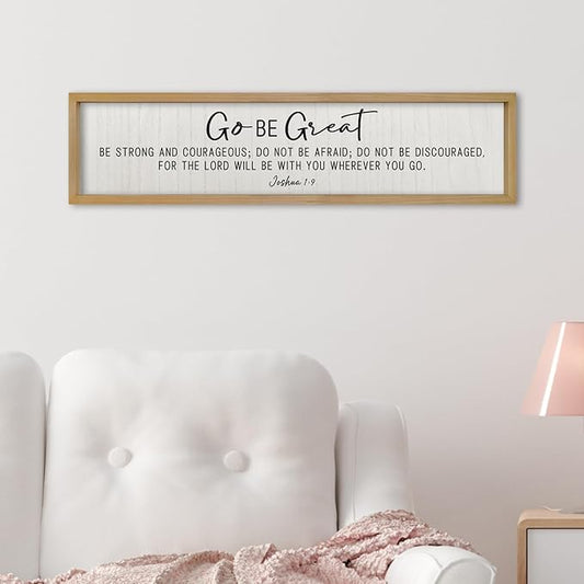 ZZJJHYWGQ Bible Verse Wall Decor Joshua 1:9 Sign 32"×8" Scripture Go Be Great Inspirational Quotes Rustic Christian Plaque Wood Framed Faith Farmhouse Catholic Living Room Wall Art Hanging (Wood)
