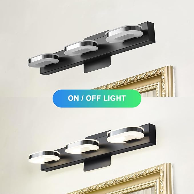 Modern LED 3 Lights Vanity Light for Bathroom Modern Vanity Light Fixture Wall Sconce 19 Inch Natural White Light (Black)
