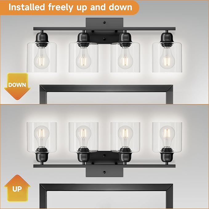 Black Vanity Lights for Bathroom 4 Light, Black Bathroom Light with Clear Glass, Wall Lights for Mirror Living Room Bedroom Hallway E26 Base