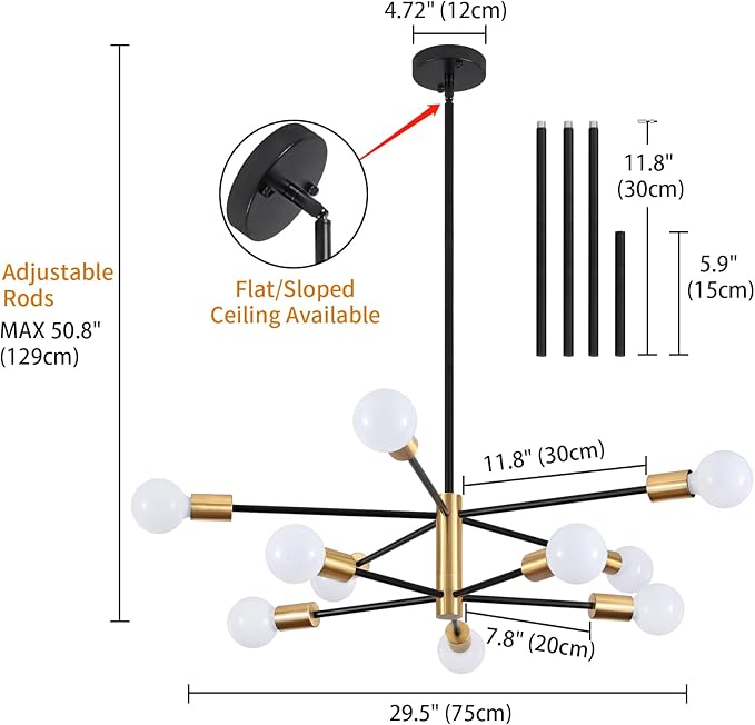 10-Light Modern Chandelier Sputnik Light Fixtures, Mid Century Chandelier Dining Room Light, Black and Gold Ceiling Lights Chandeliers for Bedroom Living Room Kitchen