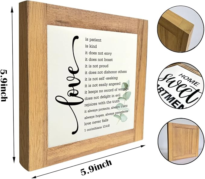 Bible Verse Corinthians 13:4-8 Box Sign, Love Never Fails, Wooden Plaque Gift Tabletop, Rustic Love Sign, Wood Block Plaque for Anniversary, Religious Home Decor, Gift for Couple, Wedding Gift A1